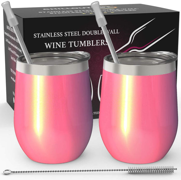 CHILLOUT LIFE Stainless Steel Stemless Wine Glass Tumbler 2 Pack Rose Gold 12 oz | Double Wall Vacuum Insulated Wine Tumbler with Lids and Straws Set of Two for Coffee, Wine, Cocktails, Ice Cream