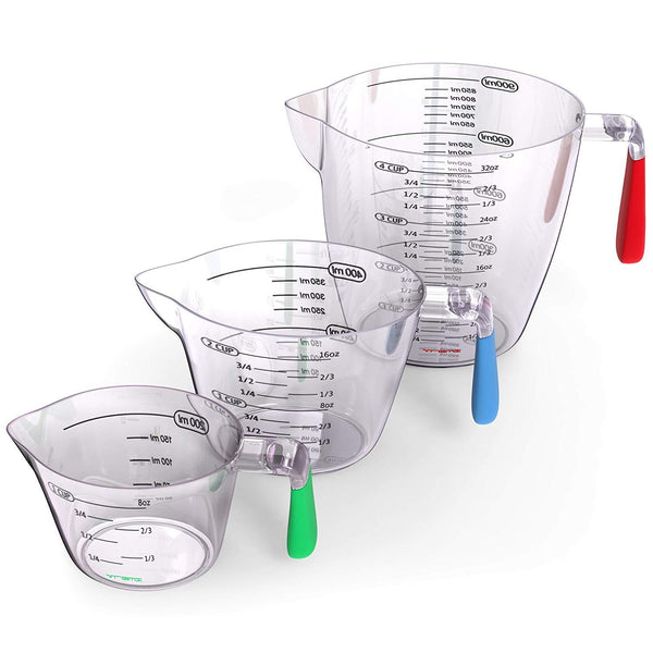 Vremi 3 Piece Plastic Measuring Cups Set - BPA Free Liquid Nesting Stackable Measuring Cups with Spout and Decorative Red Blue and Green Handles - includes 1, 2 and 4 Cup with Ml and Oz Measurement