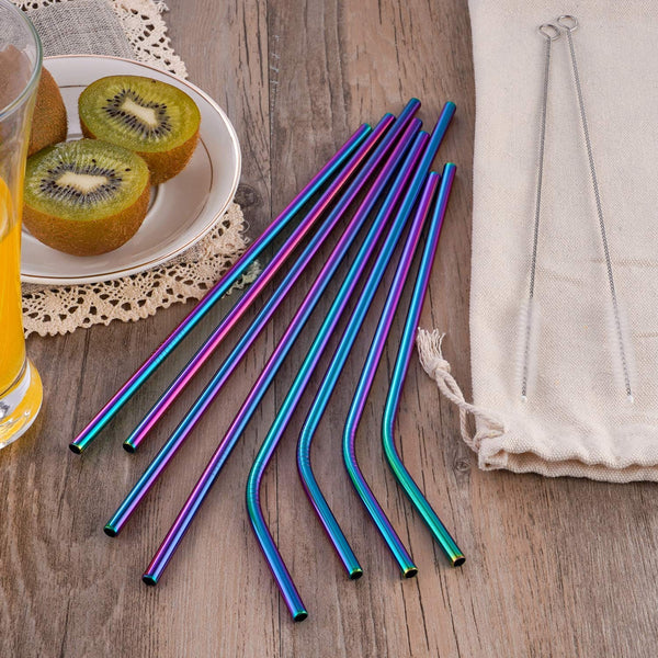 Multicolor Colorful Stainless Steel Straws,Set of 8 10.5" 8.5" Reusable Rainbow Multi-Colored Drinking Straws for 30/20oz Tumbler Cold Beverage,FDA-Approved Straws(4 Straight+4 Bent +2 Brushes+1 Bag)