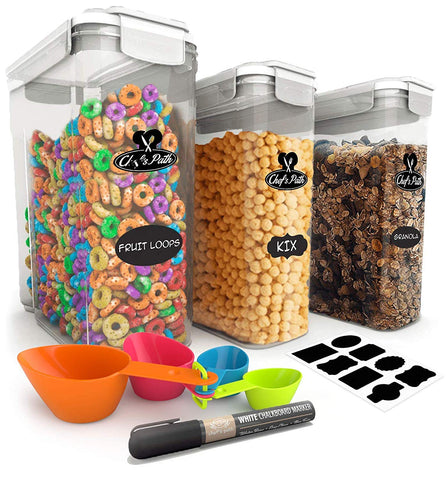 Cereal Container Storage Set - 100% Airtight Food Storage Containers, 8 Labels, Spoon Set & Pen, Great for Flour - BPA-Free Dispenser Keepers (135.2oz) 3PC - Chef’s Path