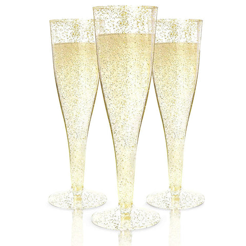 Plastic Champagne Flutes Disposable - 100 Pack | Gold Glitter Plastic Champagne Glasses for Parties | Glitter Clear Plastic Cups | Plastic Toasting Glasses | Mimosa Glasses | Wedding Party Bulk Pack