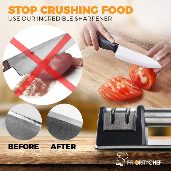 PriorityChef Knife Sharpener for Straight and Serrated Knives, 2-Stage Diamond Coated Wheel System, Sharpens Dull Knives Quickly, Safe and Easy to Use