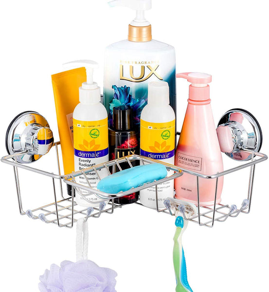 iPEGTOP Suction Cup Corner Shower Caddy Bath Shelf - Combo Organizer Basket Holder with Soap Dish and 8 Hooks - Rustproof Stainless Steel for Bathroom Storage