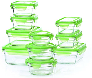 2 X New Snaplock Lid: Tempered Glasslock Storage Containers with green lids 20pc set~Microwave & Oven Safe