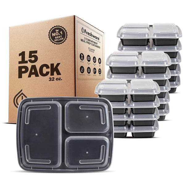 Freshware Meal Prep Containers [15 Pack] 3 Compartment with Lids, Food Containers, Lunch Box | BPA Free | Stackable | Bento Box, Microwave/Dishwasher/Freezer Safe, Portion Control, 21 day fix (32 oz)