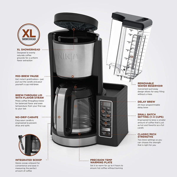 Ninja 12-Cup Programmable Coffee Maker with Classic and Rich Brews, 60 oz. Water Reservoir, and Thermal Flavor Extraction (CE201), Black/Stainless Steel