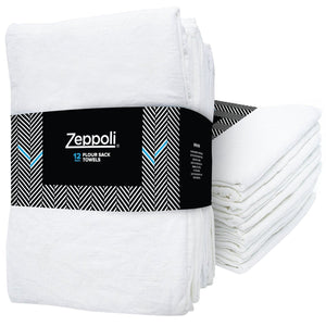 Zeppoli 12-Pack Flour Sack Towels - 31" x 31" Kitchen Towels - Absorbent White Dish Towels - 100% Ring Spun Cotton Bar Towels