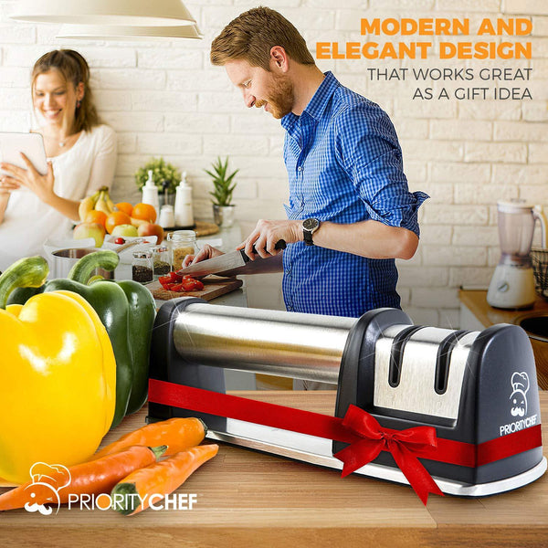 PriorityChef Knife Sharpener for Straight and Serrated Knives, 2-Stage Diamond Coated Wheel System, Sharpens Dull Knives Quickly, Safe and Easy to Use