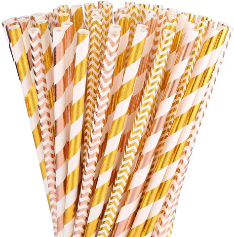 Biodegradable Paper Straws,100 Pack Gold Straws/Rose Gold Straws,Eco-Friendly Paper Drinking Straws for Party Supplies, Birthday, Wedding, Bridal/Baby Shower Decorations and Holiday Celebrations