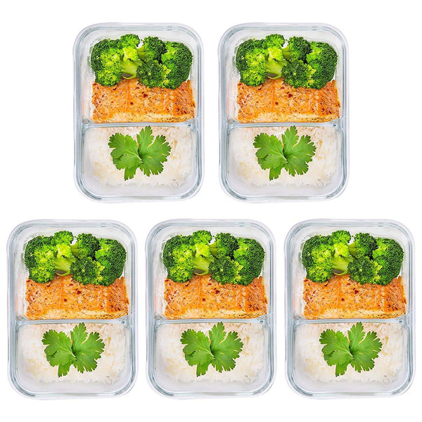 [5 Pcs] Glass Meal Prep Containers Glass 2 Compartment - Glass Food Storage Containers - Glass Storage Containers with Lids - Divided Glass Lunch Containers Food Container - Glass Food Containers 29oz