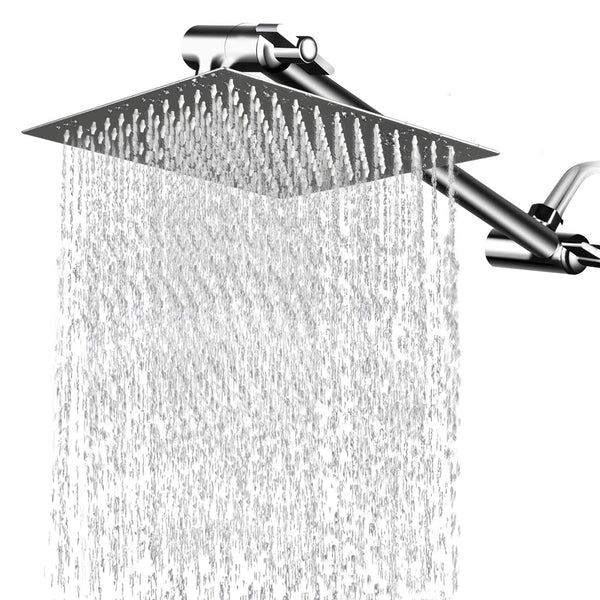 12 Inches Square Rain Showerhead with 11 Inches Adjustable Extension Arm,Large Stainless Steel High Pressure Shower Head,Ultra Thin Rainfall Bath Shower with Silicone Nozzle Easy to Clean and Install