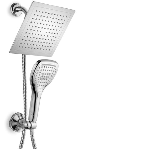 DreamSpa Ultra-Luxury 9" Rainfall Shower Head/Handheld Combo. Convenient Push-Button Flow Control Button for easy one-handed operation. Switch flow settings with the same hand! Premium Chrome