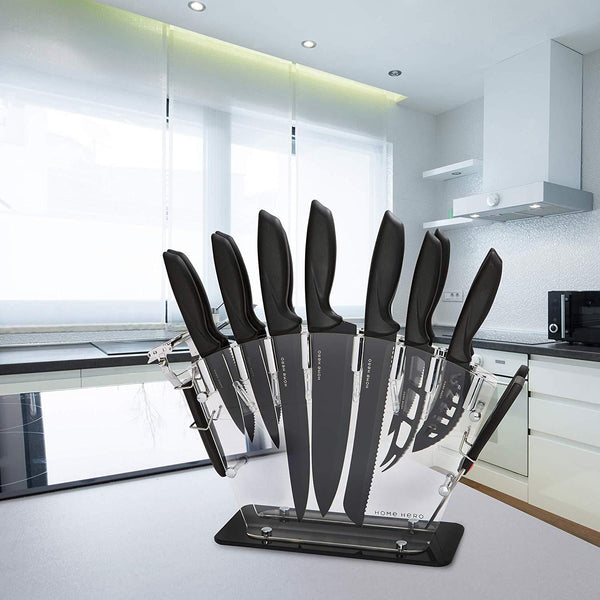 Stainless Steel Knife Set with Block - 13 Kitchen Knives Set Chef Knife Set with Knife Sharpener, 6 Steak Knives, Bonus Peeler Scissors Cheese Pizza Knife & Acrylic Stand - Best Cutlery Set Gift