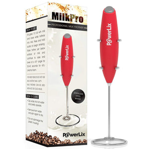 PowerLix Milk Frother Handheld Battery Operated Electric Foam Maker For Coffee, Latte, Cappuccino, Hot Chocolate, Durable Drink Mixer With Stainless Steel Whisk, Stainless Steel Stand Include