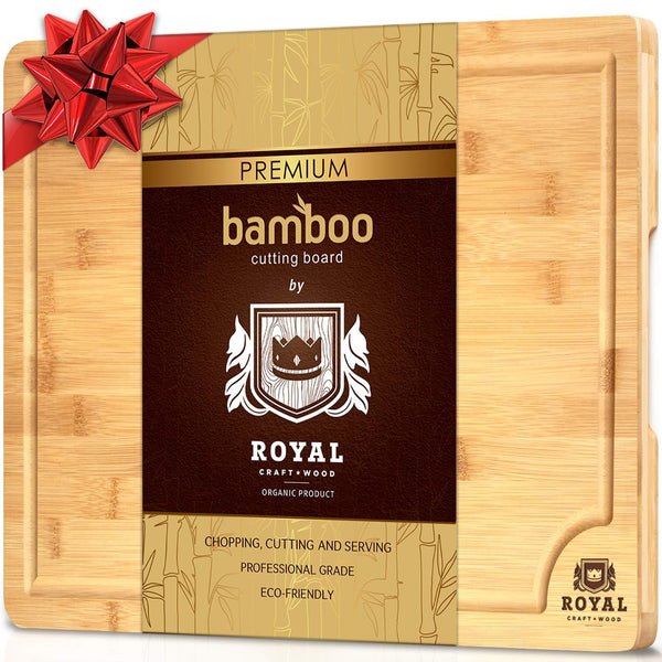 EXTRA LARGE Organic Bamboo Cutting Board with Juice Groove - Best Kitchen Chopping Board for Meat (Butcher Block) Cheese and Vegetables | Anti Microbial Heavy Duty Serving Tray w/Handles - 18 x 12