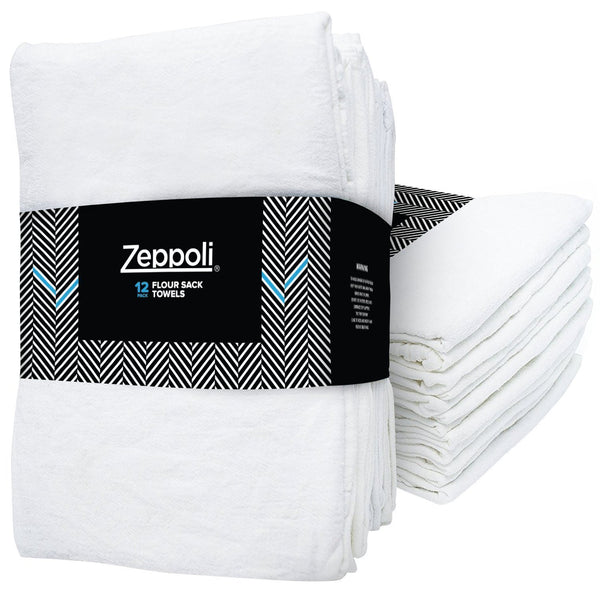 Zeppoli 12-Pack Flour Sack Towels - 31" x 31" Kitchen Towels - Absorbent White Dish Towels - 100% Ring Spun Cotton Bar Towels