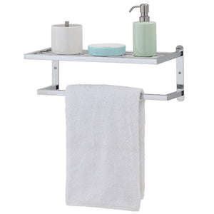 Modern Chrome Plated Wall Mounted 18-Inch Bathroom Storage Shelf & Towel Rack Bar