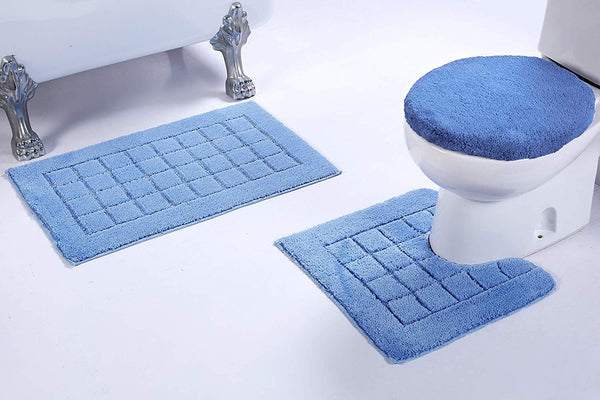 Fancy Linen 3pc Non-Slip Bath Mat Set with Square Pattern Solid Gray Bathroom U-Shaped Contour Rug, Mat and Toilet Lid Cover New # Bath 60