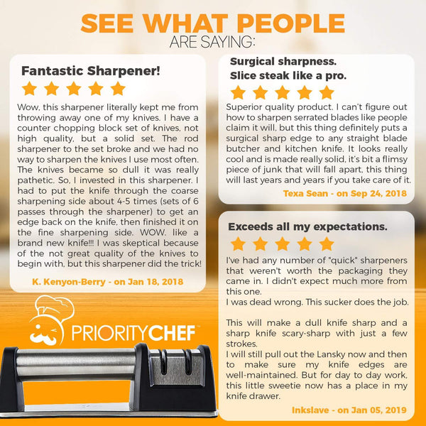 PriorityChef Knife Sharpener for Straight and Serrated Knives, 2-Stage Diamond Coated Wheel System, Sharpens Dull Knives Quickly, Safe and Easy to Use