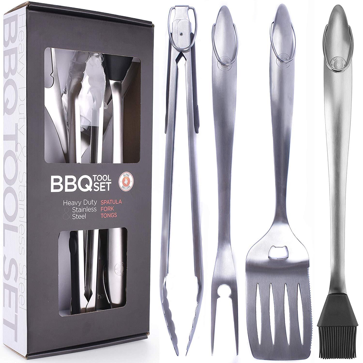 Alpha Grillers Heavy Duty BBQ Grilling Tools Set. Extra Thick Stainless Steel Spatula, Fork, Basting Brush & Tongs. Gift Box Package. Best for Barbecue & Grill. 18 Inch Utensils Turner Accessories