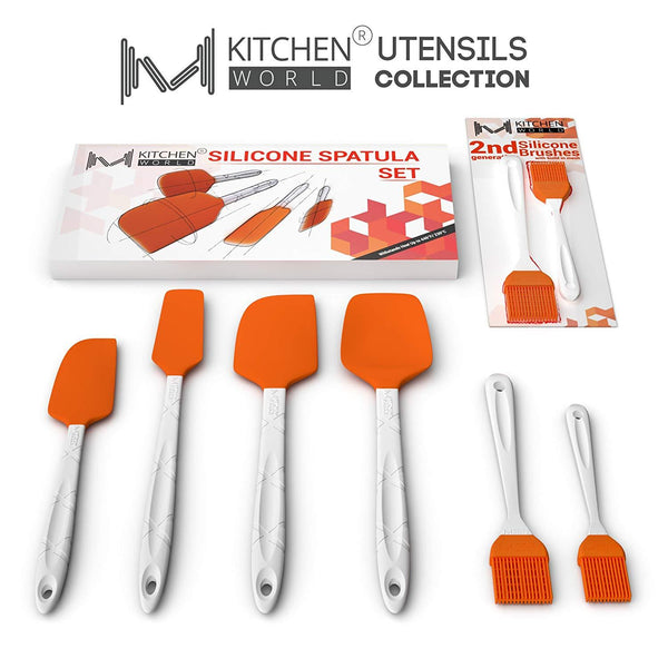 M KITCHEN WORLD Heat Resistant Silicone Spatulas Set | Rubber Spatula Kitchen Utensils Non-Stick for Cooking, Baking and Mixing | Ergonomic, Dishwasher Safe Bakeware Set of 4, Orange