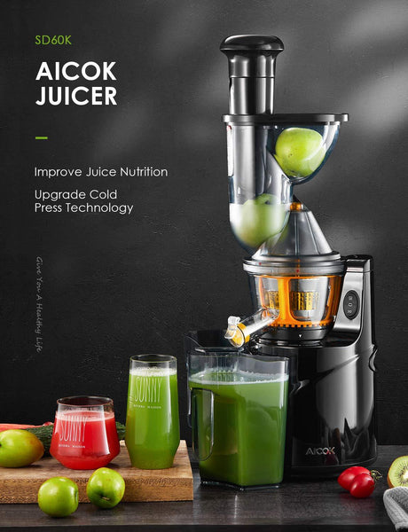 Aicok Masticating Juicer, Juicer Machine with 3” Whole Juicer Chute for Fruits and Vegetables