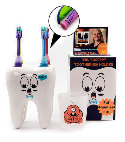 Mr. Toothy Kids Toothbrush Holder with Bonus Sugar Bug Rinse Cup. Tooth Shaped Novelty Child Toothbrush Holder Set. Large Holes. Fits Suction Cup Fat Handled Manual Toothbrush. Fun Story Included.