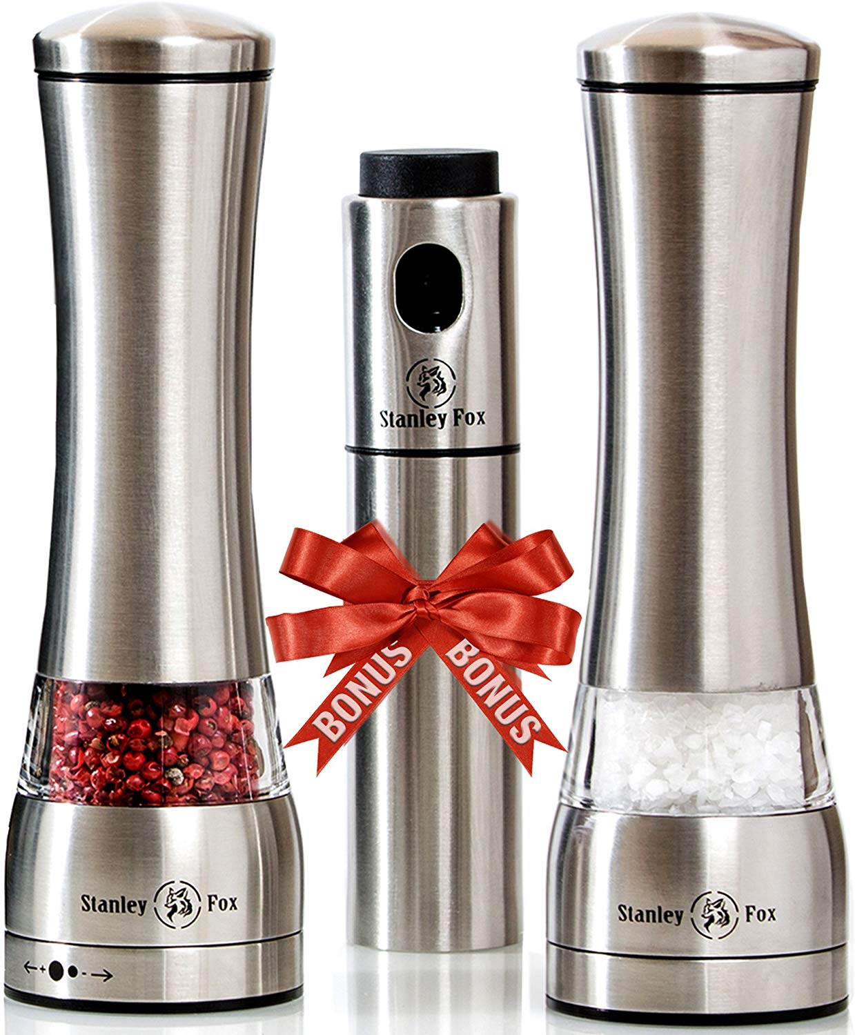 Premium Salt and Pepper Grinder Set of 3 - Oil Dispenser + Stainless Steel Salt Grinder and Pepper Mill– Salt and Pepper Shakers with Ceramic Rotor - Box by HOME EC