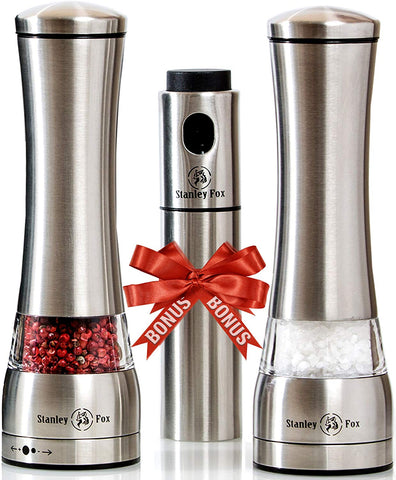 Premium Salt and Pepper Grinder Set of 3 - Oil Dispenser + Stainless Steel Salt Grinder and Pepper Mill– Salt and Pepper Shakers with Ceramic Rotor - Box by HOME EC