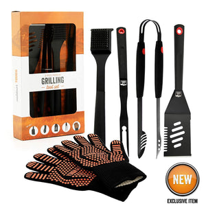 Yukon Glory Heavy Duty 5 Piece Grilling Tools Set, Durable Stainless Steel BBQ Accessories, Long Handle 3 in 1 Spatula, Tongs, Brush, Grill Fork, Thick Grilling Gloves, Gift Set