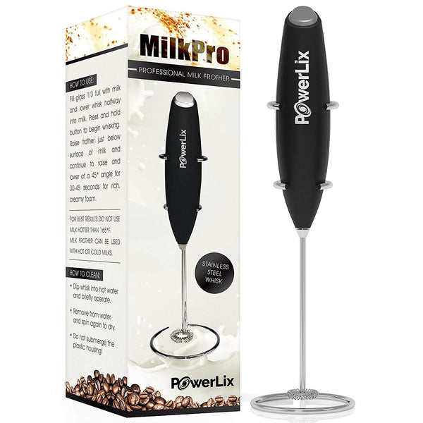 PowerLix Milk Frother Handheld Battery Operated Electric Foam Maker For Coffee, Latte, Cappuccino, Hot Chocolate, Durable Drink Mixer With Stainless Steel Whisk, Stainless Steel Stand Include