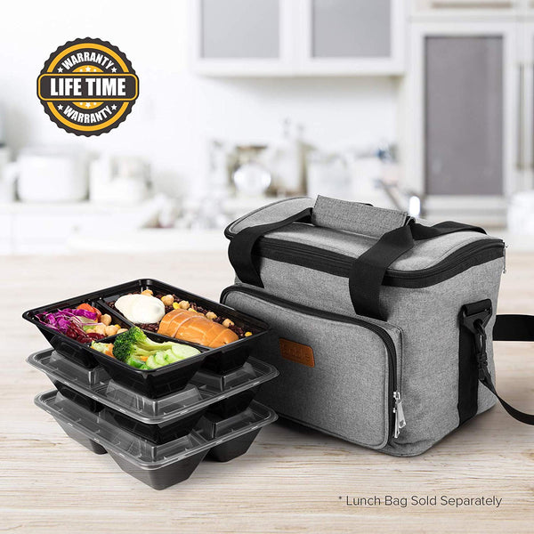Sable Meal Prep Containers 20 Pack (33 oz), 3 Compartment Leak-Proof Reusable Bento Box, BPA Free and FDA Registered, Heat and Cold Resistant, Stackable for Storage, Large