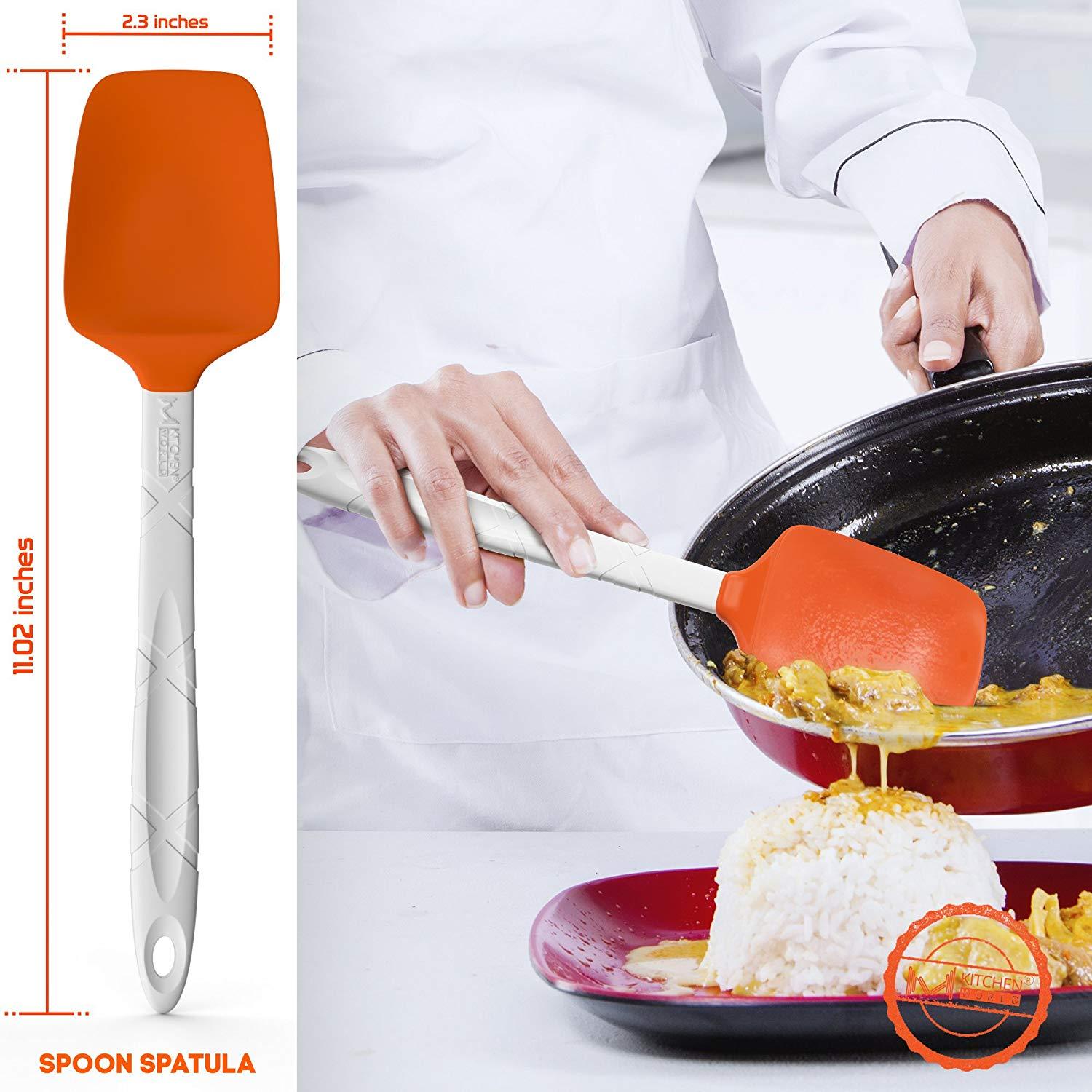 M KITCHEN WORLD Heat Resistant Silicone Spatulas Set | Rubber Spatula Kitchen Utensils Non-Stick for Cooking, Baking and Mixing | Ergonomic, Dishwasher Safe Bakeware Set of 4, Orange