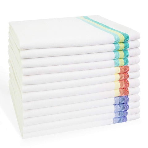 Elohas Kitchen Dish Towels Set of 12-Tea Towels 100% Cotton. Large Dish Cloths 28"x20" Soft and Absorbent. White with Blue, Green and red Stripes, 4 of Each. There's no Substitute for Quality