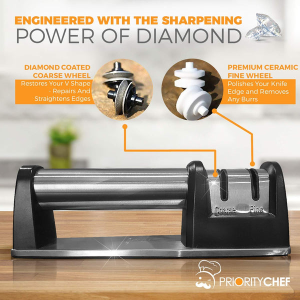 PriorityChef Knife Sharpener for Straight and Serrated Knives, 2-Stage Diamond Coated Wheel System, Sharpens Dull Knives Quickly, Safe and Easy to Use