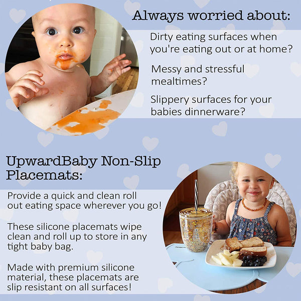 Silicone Non Slip Placemat for Kids Baby Toddlers | UpwardBaby 3 Piece BPA Free Placemats Set | Wipes Clean for Quick Mealtimes for Travel and High Chairs | Easy to Clean - Space Saving Rolls Up