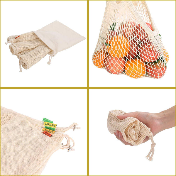 Reusable Produce Bags Set of 8, 100% Organic Cotton Grocery Shopping Drawstring Bag, Joyhill Zero Waste Washable Food Fruit Vegetable & Mesh Storage Bags