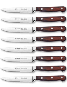 Steak knives, Emojoy Steak knife set, Pakkawood Handle Highly Resistant and Durable, German Stainless Steel Steak Knives Serrated (1 Set of 8-Piece Steak Knives)