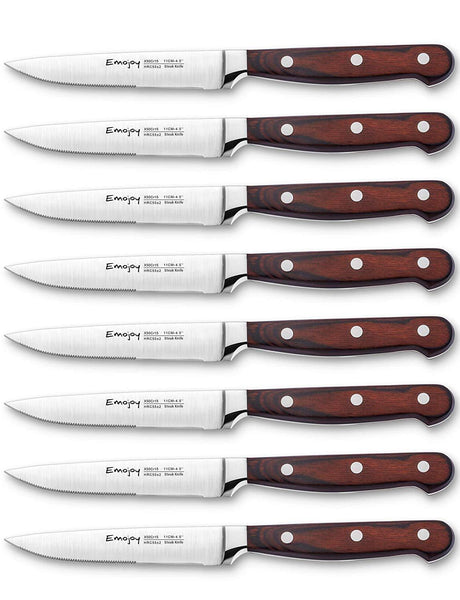 Steak knives, Emojoy Steak knife set, Pakkawood Handle Highly Resistant and Durable, German Stainless Steel Steak Knives Serrated (1 Set of 8-Piece Steak Knives)