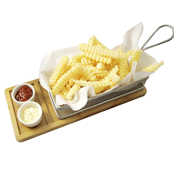 Yukon Glory YG-605 Magnificent Chip & Dip Serving Basket, Bamboo Board, and Sauce Cup Set for French Fries Fried Fish and More