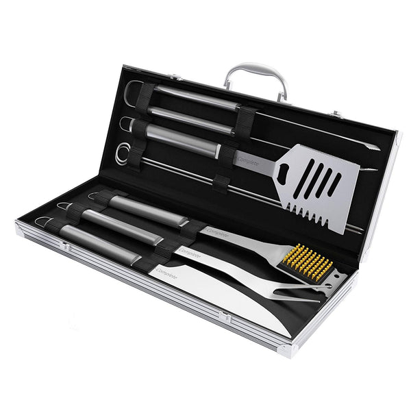 Home-Complete BBQ Grill Tool Set- 16 Piece Stainless Steel Barbecue Grilling Accessories with Aluminum Case, Spatula, Tongs, Skewers