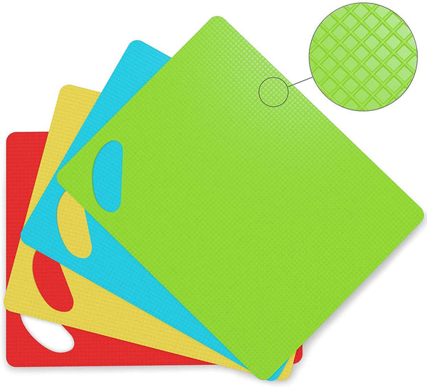 Cooler Kitchen Dishwasher Safe Extra Thick Flexible Plastic Cutting Board Mats with Holes for Hanging and Food Icons & EZ-Grip Waffle Back, (Set of 4)