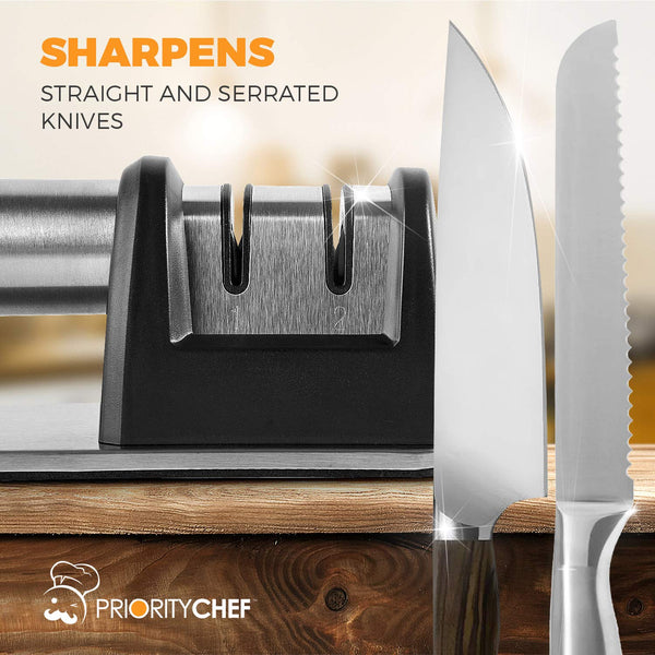 PriorityChef Knife Sharpener for Straight and Serrated Knives, 2-Stage Diamond Coated Wheel System, Sharpens Dull Knives Quickly, Safe and Easy to Use