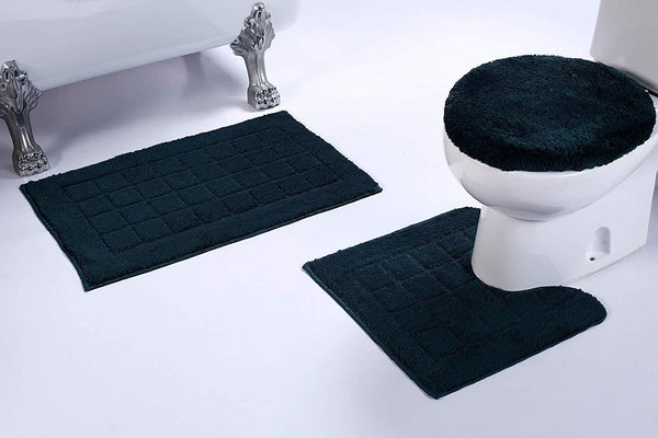 Fancy Linen 3pc Non-Slip Bath Mat Set with Square Pattern Solid Gray Bathroom U-Shaped Contour Rug, Mat and Toilet Lid Cover New # Bath 60