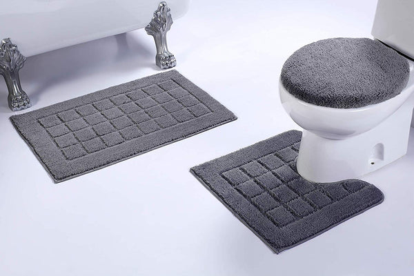 Fancy Linen 3pc Non-Slip Bath Mat Set with Square Pattern Solid Gray Bathroom U-Shaped Contour Rug, Mat and Toilet Lid Cover New # Bath 60