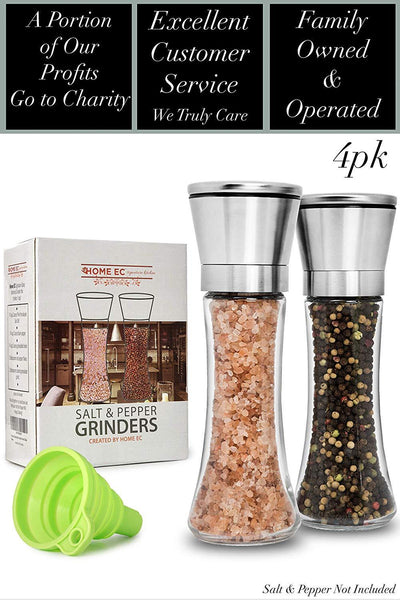 Premium Stainless Steel Salt and Pepper Grinder Set 4 Pack-Adjustable Ceramic Sea Salt Grinder & Pepper Grinder-Tall Glass Salt and Pepper Shakers-Pepper Mill & Salt Mill W/Collapsible Funnel & EBook