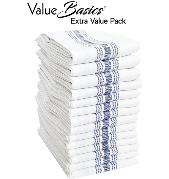 Value Basics Herringbone Stripe Kitchen Towel Set, 15" x 25", 14-Pack, Blue & White