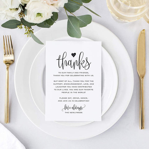 Wedding Thank You Place Setting Cards, 4x6 Print to add to your Table Centerpieces and Wedding Decorations — Pack of 50