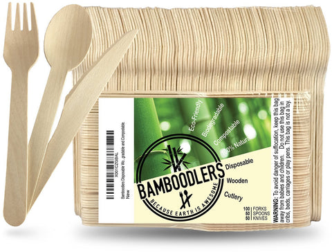 BAMBOODLERS Disposable Wooden Cutlery Set | 100% All-Natural, Eco-Friendly, Biodegradable, and Compostable - Because Earth is Awesome! Pack of 200-6.5” Utensils (100 Forks, 50 Spoons, 50 Knives)