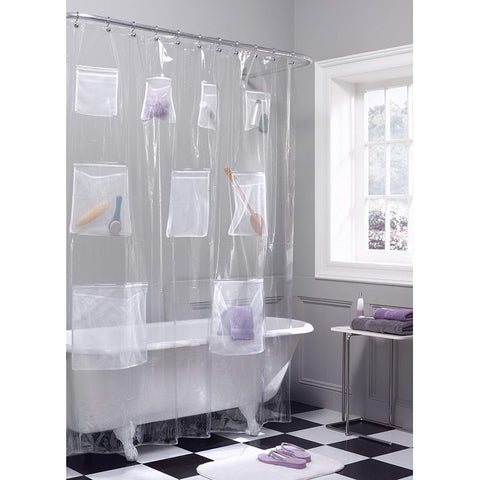 Maytex Quick Dry Mesh Pockets Waterproof PEVA Shower Curtain or Liner, Bath / Shower Organizer, Clear, 70 inches  x 72 inches